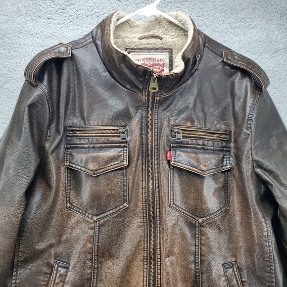 Levis Faux Leather Sherpa Lined Bomber Jacket Mens XL Brown - Picture 6 of 14